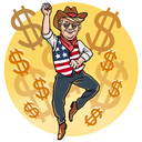 Sticker tagged Amarican Flag, money, texas, $, $$$, USA, cowboy head